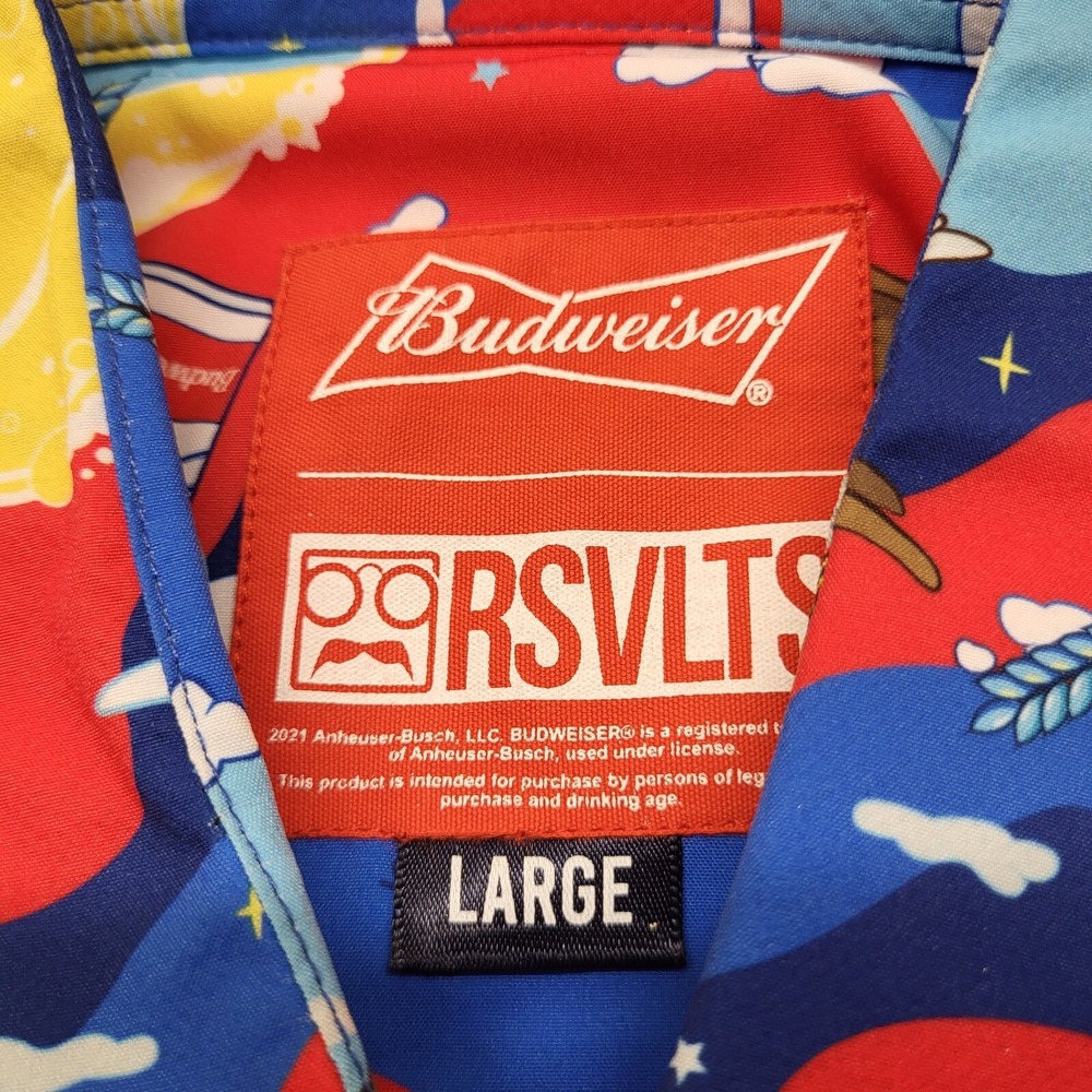 RSVLTS Button Down Shirt Mens Large Blue Budweiser Kunuflex Short Sleeve Stretch - Picture 2 of 11